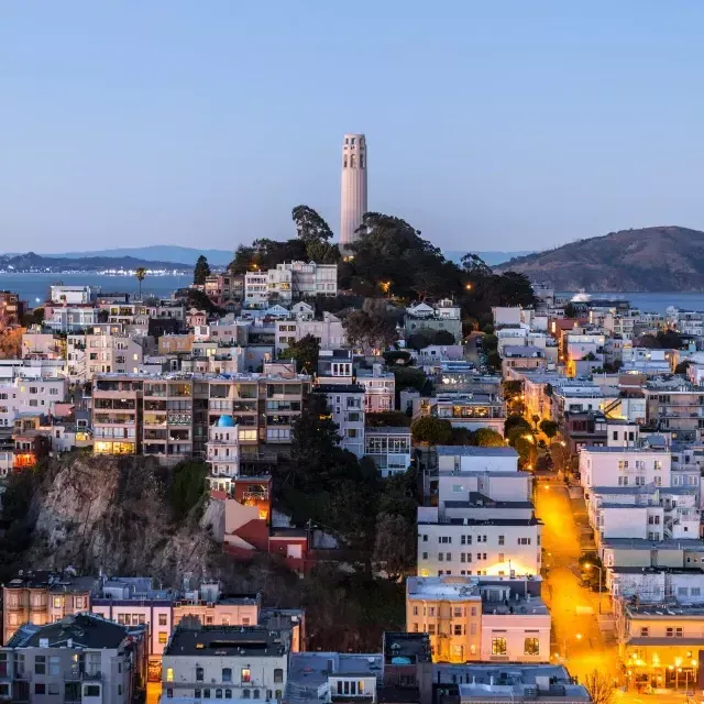 Coit Tower de San Francisco au crépuscule, avec les rues éclairées devant elle et la baie de San Francisco derrière elle.